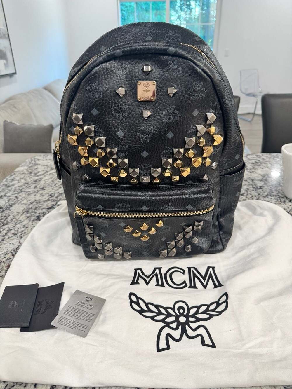 MCM Stark Studded Visetos Backpack Black Medium Gold Silver Studs Authentic